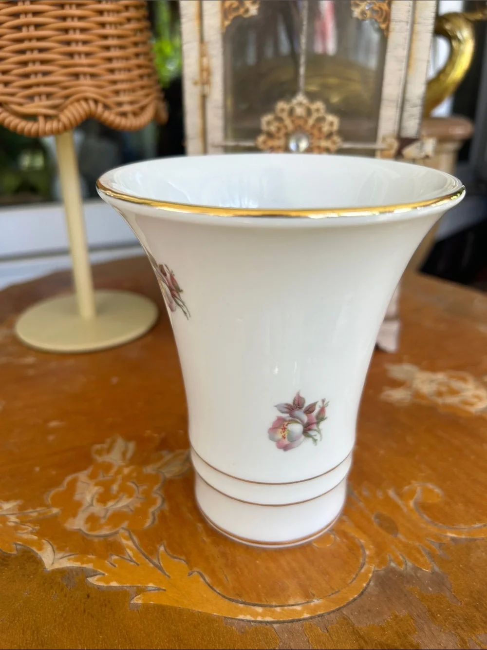 Porcelain Pink Floral Buds Vase with Gold Trim